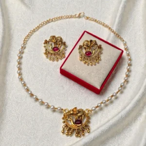 Fancy Simple White Beads Necklace with Elephant Design Pendant - ADNC053