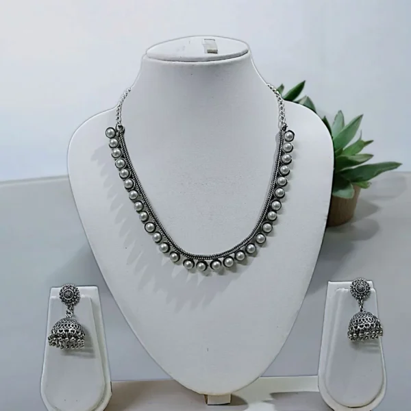 German Silver Oxidized Pearl Necklace With Medium Size Jhumka - ADON077