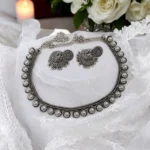 German Silver Oxidized Pearl Necklace With Medium Size Jhumka - ADON077
