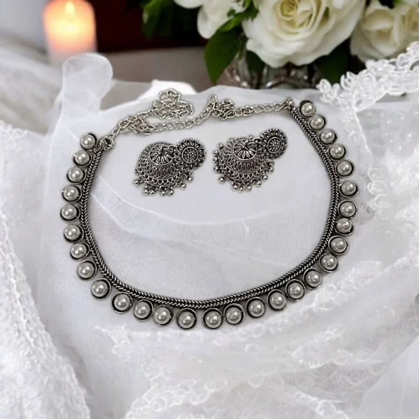 German Silver Oxidized Pearl Necklace With Medium Size Jhumka - ADON077
