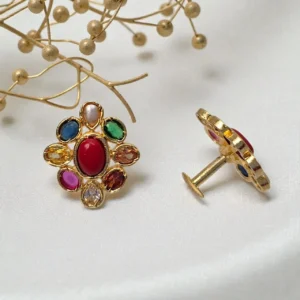 Gold Plated With Multi color Stone Medium Size Stud Earrings - ADGE090