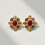 Gold Plated With Multi color Stone Medium Size Stud Earrings - ADGE090