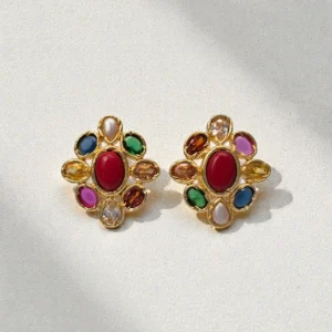 Gold Plated With Multi color Stone Medium Size Stud Earrings - ADGE090
