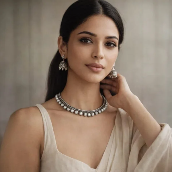 German Silver Oxidized Pearl Necklace With Medium Size Jhumka - ADON077