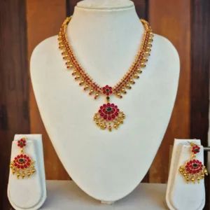 Traditional Kemp Stone Non Idol Fancy Necklace With Long Drop Earrings - ADFN086