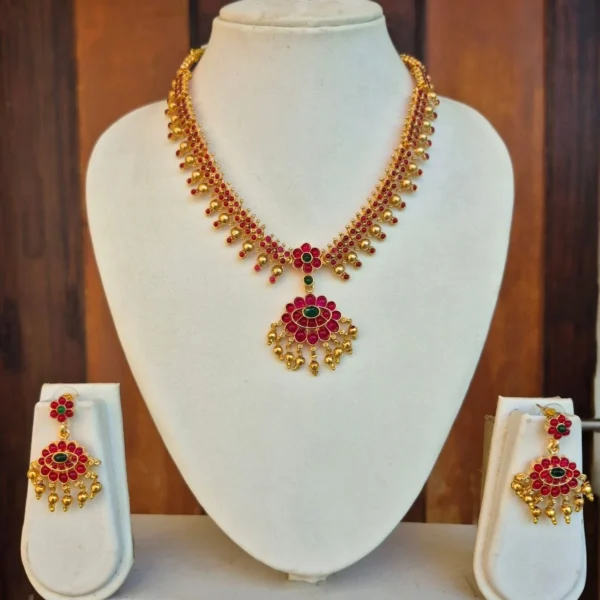 Traditional Kemp Stone Non Idol Fancy Necklace With Long Drop Earrings - ADFN086