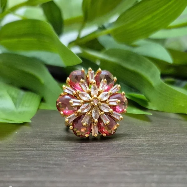 Gold Plated Floral Design With Stone Big Size Adjustable Finger Ring - ADGR0104