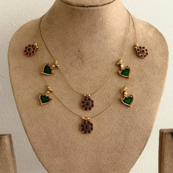 Kerala Design Palakka Pendant Double Layer Invisible Necklace - ADIN114