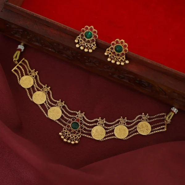 Five Layer Double Color Lakshmi Coin Chocker With Stud Earrings - ADAC115