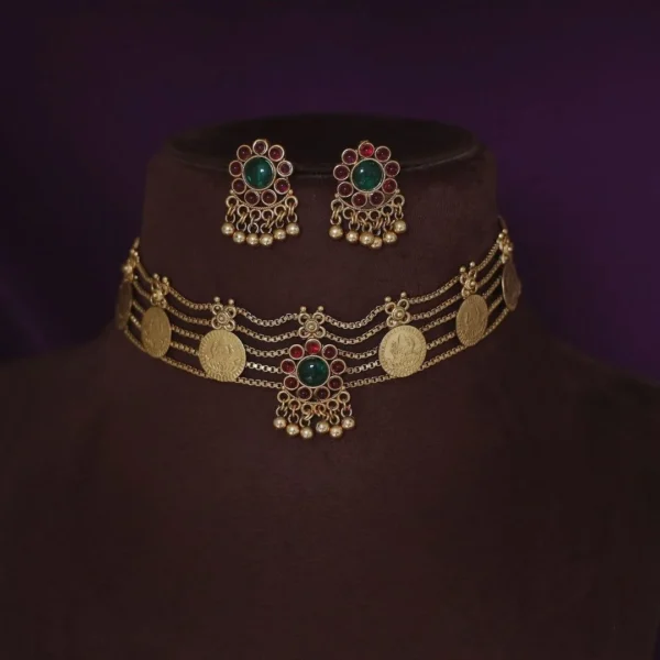 Five Layer Double Color Lakshmi Coin Chocker With Stud Earrings - ADAC115