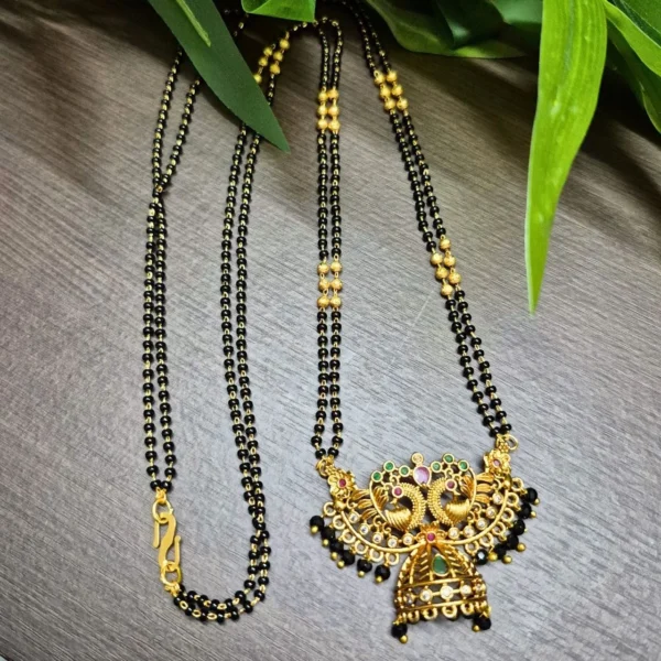Black Beads With Peacock Design Pendant Chain in 24inc - ADBB144
