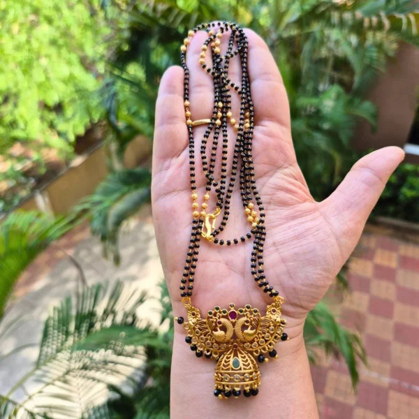 Black Beads With Peacock Design Pendant Chain in 24inc - ADBB144