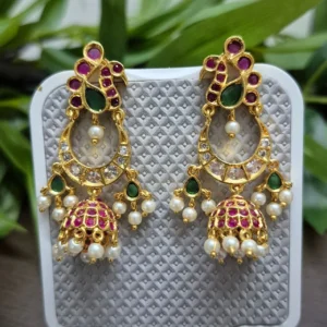Gold Plated Multicolor Stone Chand Bali Long Drop Earrings - ADGE176