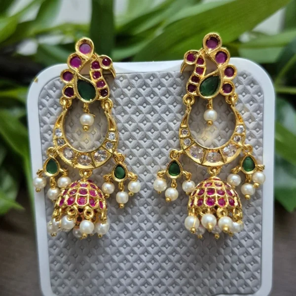 Gold Plated Multicolor Stone Chand Bali Long Drop Earrings - ADGE176