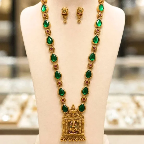 Thilagam Design Green Enamel Paint Long Haram With Lakshmi Pendant - ADLH196