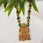 Thilagam Design Green Enamel Paint Long Haram With Lakshmi Pendant - ADLH196