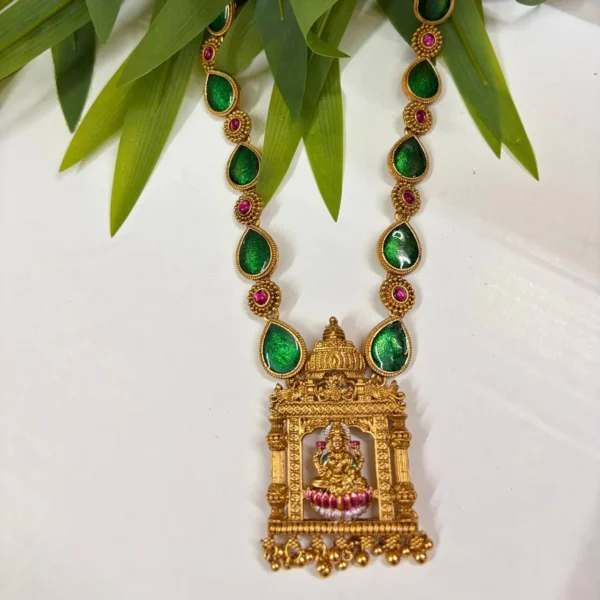 Thilagam Design Green Enamel Paint Long Haram With Lakshmi Pendant - ADLH196