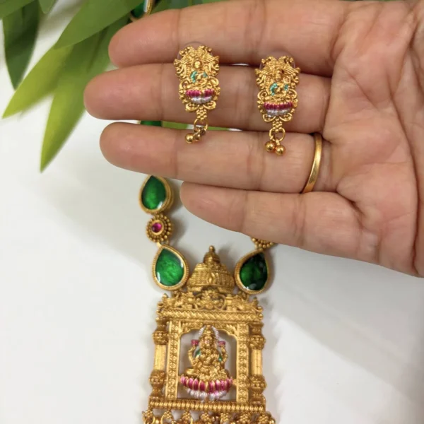 Thilagam Design Green Enamel Paint Long Haram With Lakshmi Pendant - ADLH196