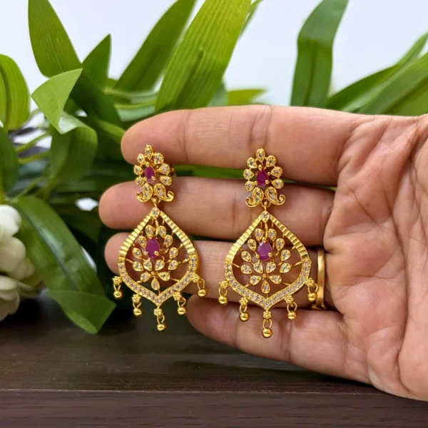 Gold Plated Non Idol Floral Design Long Drop Earrings - ADGP255