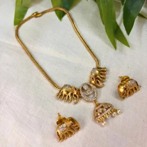 Antique Gold Finish Elephant Design Stone and Pearl Dropping Necklace - ADSN258