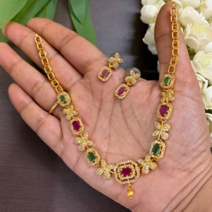 Antique Gold Finish Non Idol Multi Color Stone Necklace - ADSN260