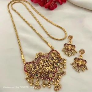 Antique Radha Krishna Pendant with kemp stone 30inc Dollar Chain - ADDC266