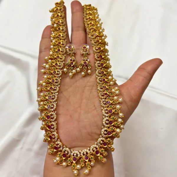 Antique Multi Color Stone and Pearl Dropping Long Haram - ADLH244