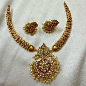 Antique Non Idol Multi Color Stone and Pearl Dropping Husli Necklace - ADAN242