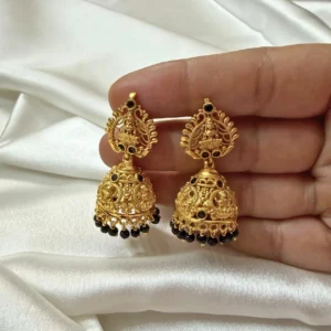 Gold Plated Big Size Lakshmi Jhumka with Black Beads – ADGE294 Gold Plated Big Size Lakshmi Jhumka with Black Beads - ADGE294