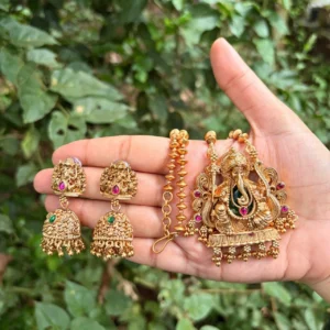 Antique Matt Finish Ganapathy Pendant Short Haram - ADMH299
